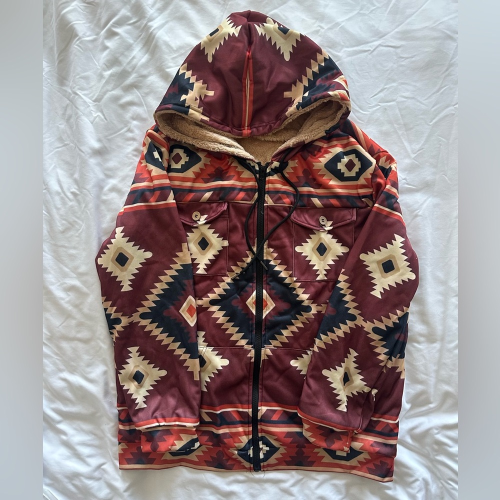 Mens Western Fleece Lined Jacket Cowboy Bull Head Print Hooded Full Zip Winter